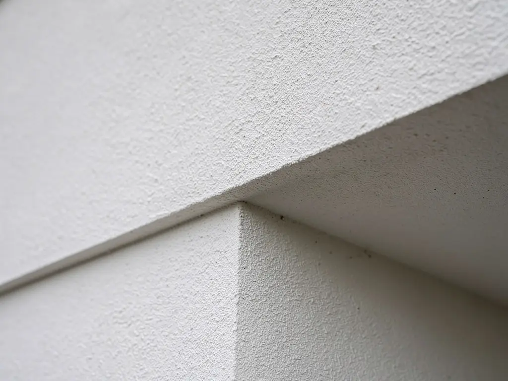 Mur habillé d'un enduit minéral clair fraîchement taloché sur isolant extérieur