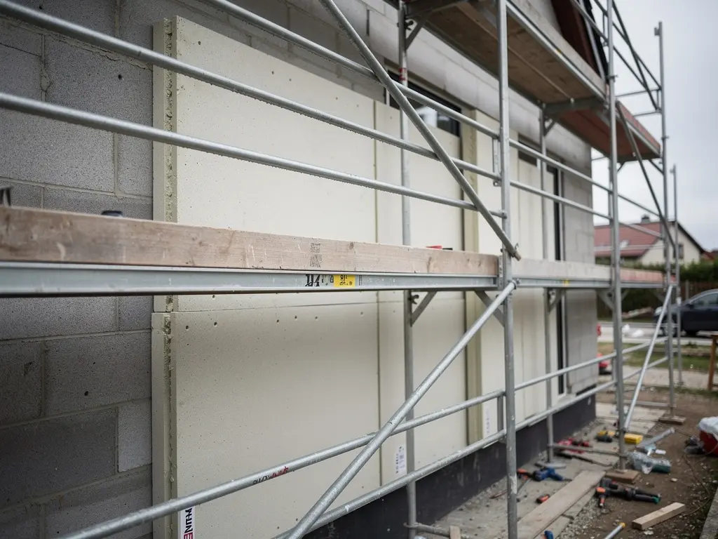 Panneaux isolants fixés au mur devant un échafaudage de chantier